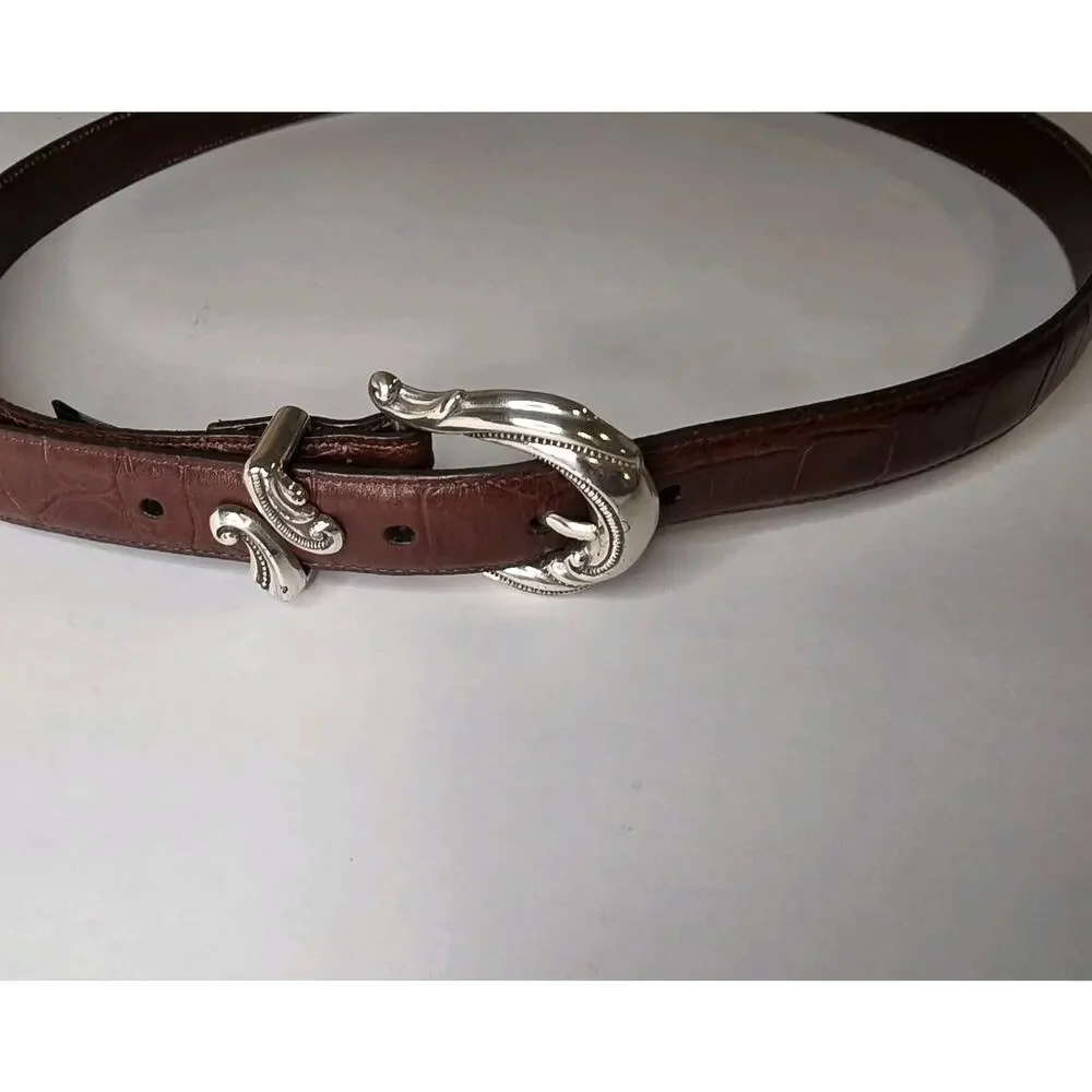 VTG Brighton Y2K Brown Croc Embossed Leather Belt 2X Ornate Scroll Buckle Silver